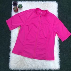 Pink Full Zip Rashguard Swim Shirt Short Sleeve
